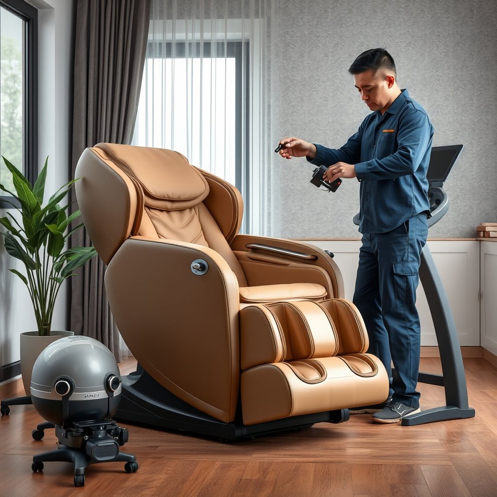 Ghế massage hiện đang không rung trên nền gỗ trong phòng khách